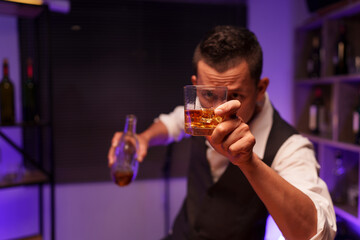 Barman pouring whiskey whiskey glass beautiful night
