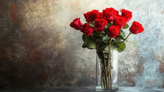 Dozen long stemmed red roses in tall glass vase