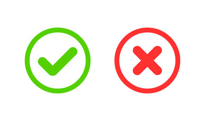 A simple icon set featuring two bold symbols a green circle with a white checkmark and a red circle with a white cross, error or rejection.