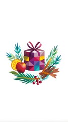 Obraz premium Christmas card or sticker with colorful holiday decorations on white background. Collection winter seasonal design with decorative set elements for greeting template Merry Christmas and Happy New Year