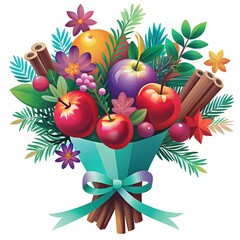 Christmas card or sticker with colorful holiday decorations on white background. Collection winter seasonal design with decorative set elements for greeting template Merry Christmas and Happy New Year