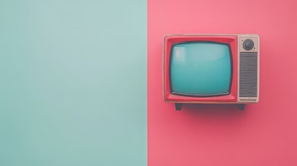 a old vintage tv on color background. retro technology. flat lay top view hero header. vintage color styles. copy space for text