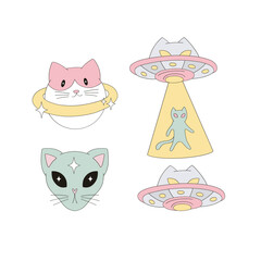 Cosmic cat planet alien vector clip-art set isolated on white. Cat space illustration