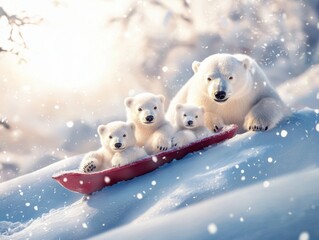 Fototapeta premium Polar bear family tobogganing down snowy hill