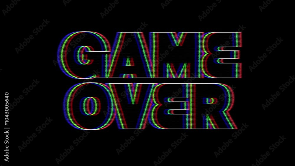 Aufkleber game over text message animation on a black background with distortion and chromatic aberration effe