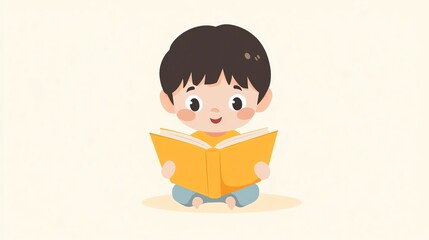 A cheerful boy reading a bright yellow book, sitting on the floor, light background.