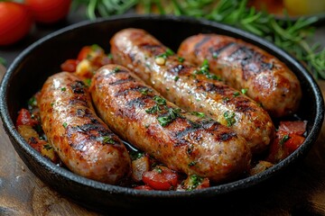 Grilled Sausages in a Cast Iron Skillet with Onions and Tomatoes
