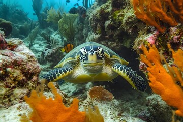 Obraz premium An underwater photo of a playful sea turtle swimming through a vibrant coral reef, surrounded by colorful fish and plants. 