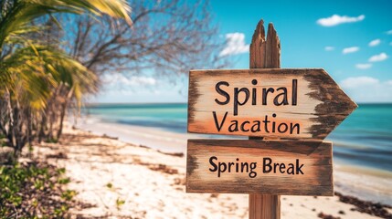 Wooden signpost on a beach with arrows pointing to 'Spring Break' and 'Spiral Vacation' with a palm tree in the background.