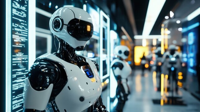 Automated robotic greeters welcoming visitors to a futuristic expo, Modern industrial style, photo of