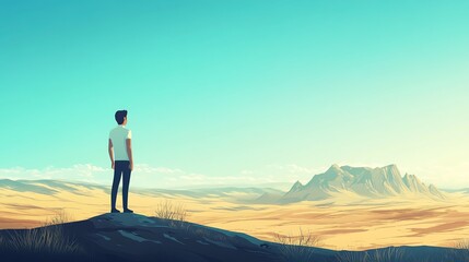 A person standing alone on a hill, gazing at a vast, serene landscape under a clear sky.