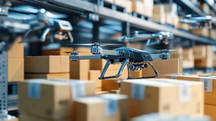 Automated robotic logistics center with drones and warehouse robots, High-tech style, photo of