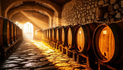  Rows of golden oak whiskey barrels stacked in an aging facility, evoking tradition.
