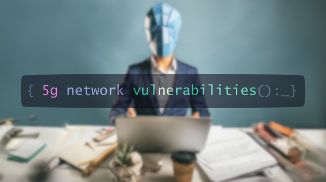5g network vulnerabilities on foreground screen, hacker silhouette hidden with low poly style mask. Vulnerability and attack on colored code editor. Text in English, English text