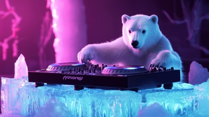 Cute polar bear DJ spinning records on ice stage