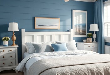 Blue and White Bedroom Interior Design with Coastal Decor and Natural Light
