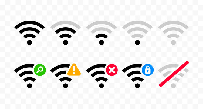 Wi-Fi symbol. Full and weak signal indicators, symbols for searching, warnings, errors, security, and no connection.