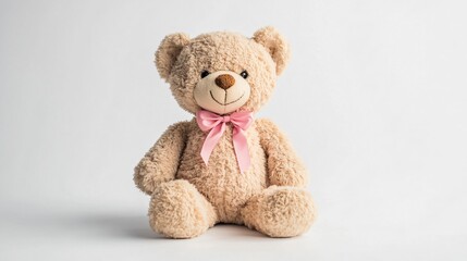 Adorable Teddy Bear with Pink Bow Sitting on White Background