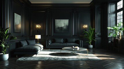 Fototapeta premium Contemporary living room interior dark classic 3d Render background