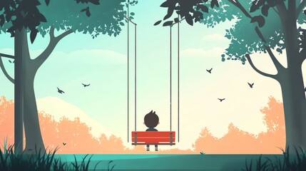 Child on swing surrounded by trees, serene outdoor scene at sunset.