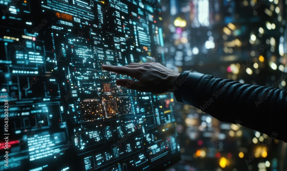 Poster A hand interacts with a futuristic digital interface displaying data and information.