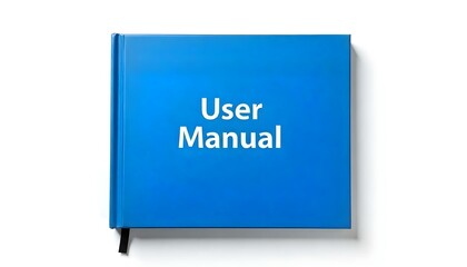 Blue hardback user manual with copy space isolated on a white background