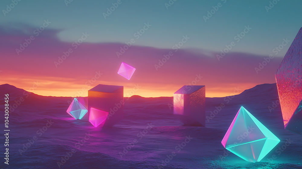 Poster vibrant sunset landscape with colorful geometric shapes a stunning display of light and form in a se