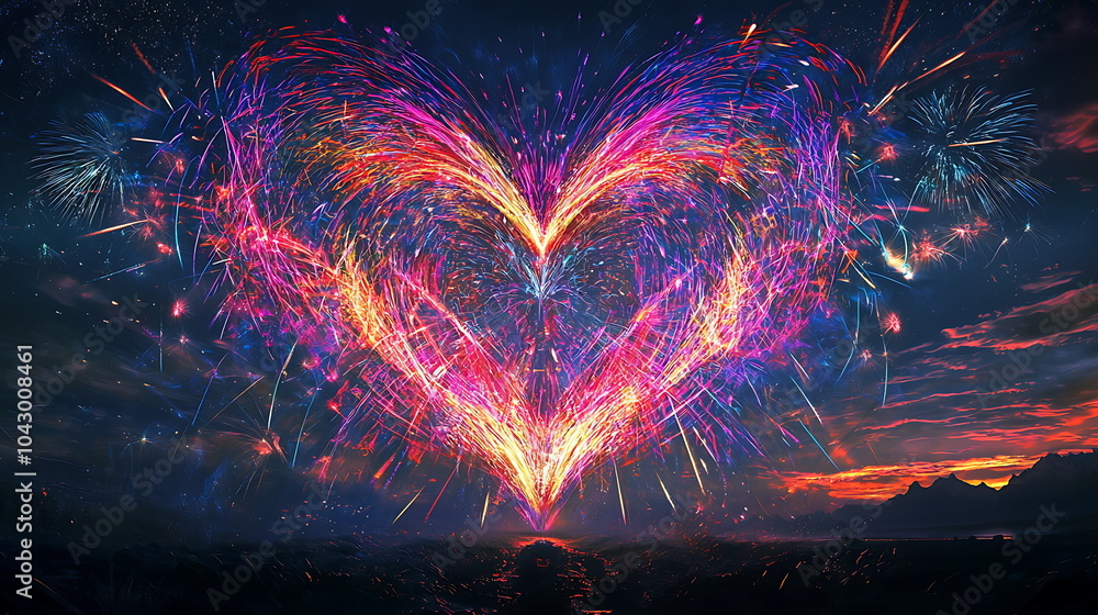 Aufkleber vibrant heart-shaped fireworks illuminate the night sky with a spectacle of color and emotion in a c