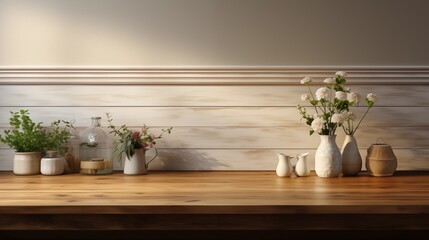 Mockup of a wood countertop with a blank wall, ideal for product display or design presentations.