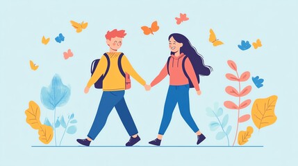 Fototapeta premium Couple walking hand in hand amidst butterflies and flowers.