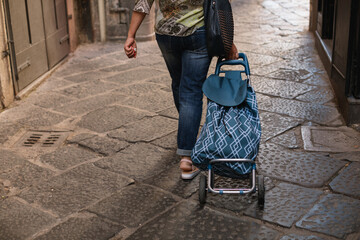 Close-up of a  woman with a wheeled bag going to the market to buy groceries. Special bag for elderly people to go to the store.