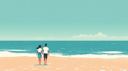 Couple walking on a beach, serene ocean view, gentle waves, clear sky background.