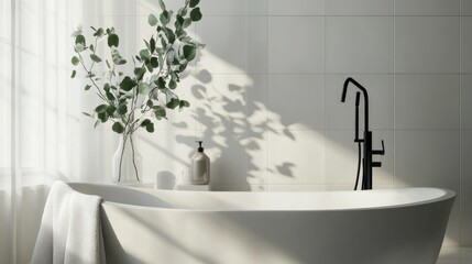 Component of a contemporary ceramic bathtub in a bathroom with a classic design. eucalyptus branch plant in a vase on a hotel room's bathtub. A blank bathroom with a black shower head and faucet set a