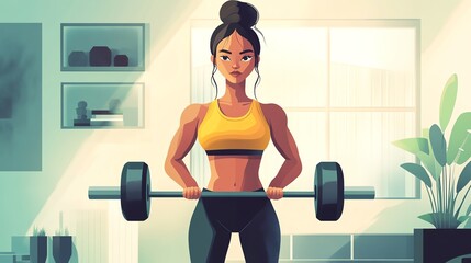Fototapeta premium Fit woman lifting dumbbell in modern home gym, bright and motivational atmosphere.