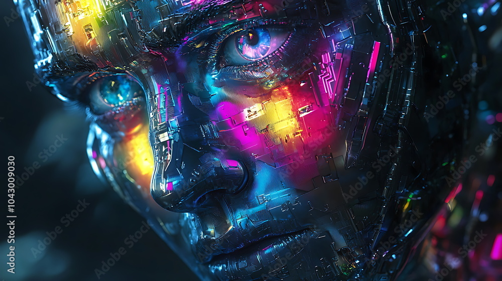 Poster Exploring the intersection of humanity and technology a futuristic robotic face adorned with vivid digital patterns