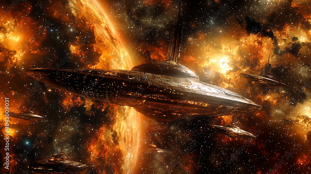 Poster A futuristic spaceship soars through a vibrant cosmic landscape filled with stars and colorful nebulas in the universe