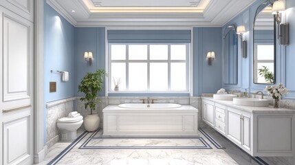Fototapeta premium This chic bathroom features a marble floor, white and blue walls, a comfortable double sink, a white bathtub, and two vertical mirrors above it. 3D illustration 