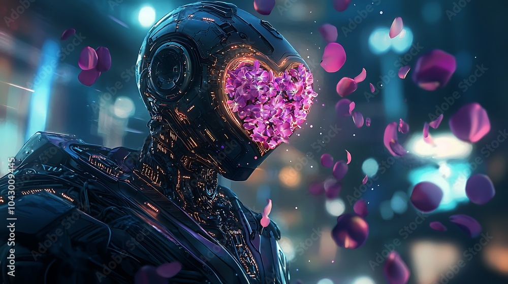 Aufkleber a futuristic android with glowing circuits and a heart surrounded by petals in a neon cityscape