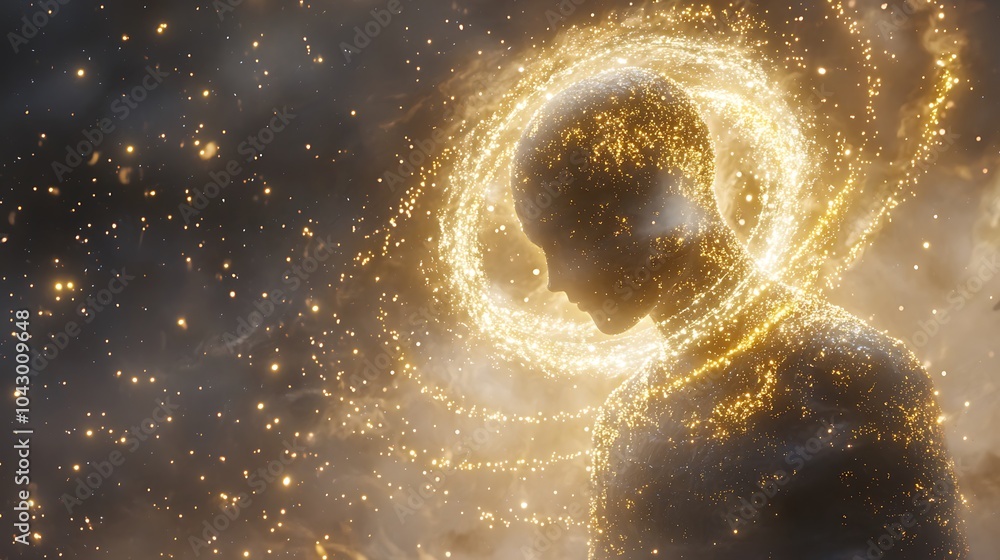 Poster a translucent misty being surrounded by a cosmic aura of light and stars evoking intrigue and mystiq