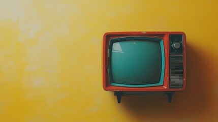 a old vintage tv on color background. retro technology. flat lay top view hero header. vintage color styles. copy space for text