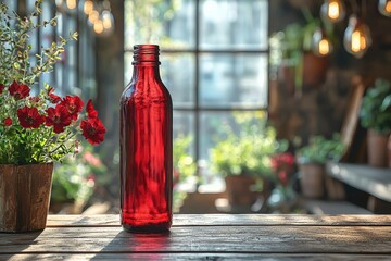 Red Glass Bottle on Weathered Wooden Table with Flowers and Window