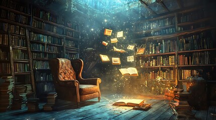 A mystical reading room an enchanting escape into the world of hovering books and magical enlightenment