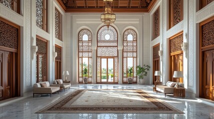 Obraz premium The arched doors and chandeliers reflect the elegant traditional Arabian design. The villa entrance hall is decorated with white walls, wood carvings and high ceilings, light geometric carpets, floor 