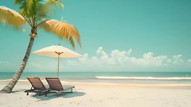 Two lounge chairs sit under a beach umbrella on sandy shore by the ocean.