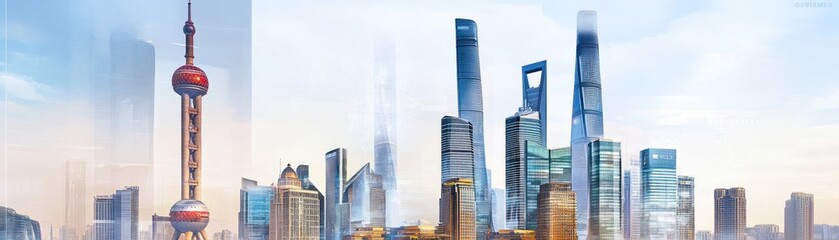 Naklejka premium A vibrant skyline of Shanghai featuring iconic skyscrapers and the Oriental Pearl Tower.