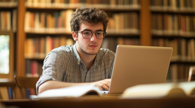 Thoughtful young male college student typing on laptop in public library, thinking on report, article, essay, research paper, studying on internet, sitting at table with open books. - Powered by Adobe