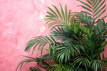 A potted plant in front of a pink wall
