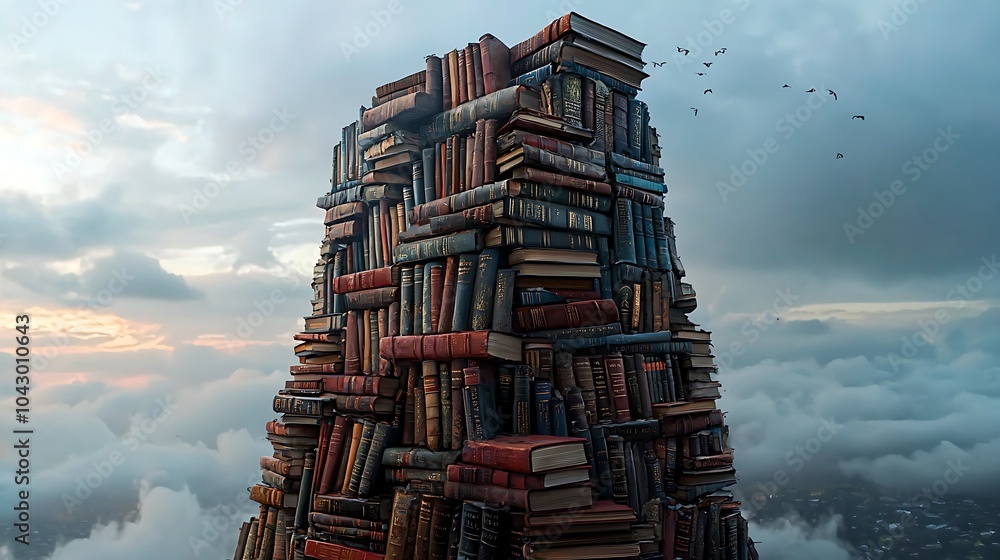 Poster A tower of forgotten knowledge an artistic representation of old books and the secrets they hold in a dreamlike sky