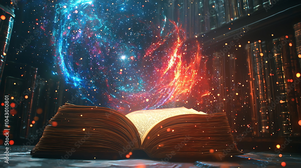 Poster A journey through the cosmos exploring knowledge and imagination in an open book surrounded by a stellar universe