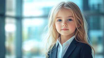 Portrait of little smart business girl in suit against office background